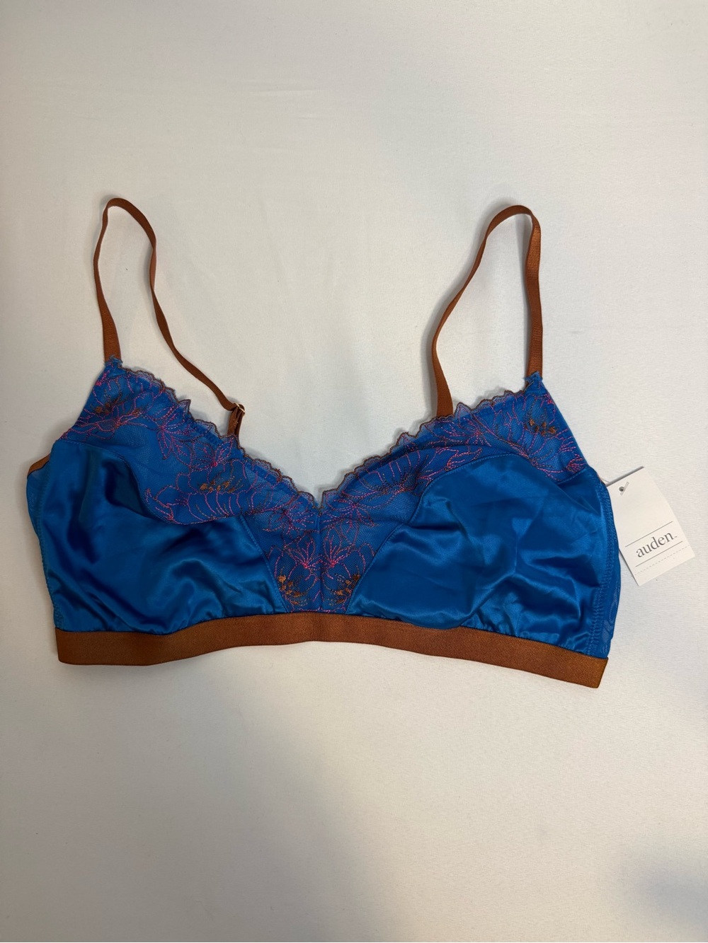 Auden Bralette NWT Blue Satin Floral Mesh Wire-Free Bra Size XL